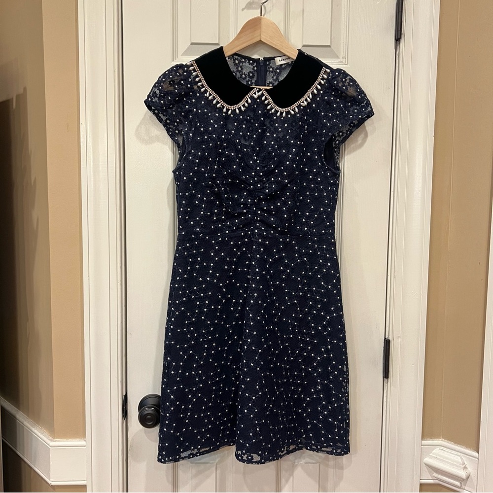 SANDRO Lucianita Dress Navy Lace Mini Dress with Beaded Collar 38 - Picture 6 of 15